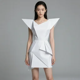 young beautiful chinese woman wearing a high fashion paper origami dress. photorealistic. 8k.