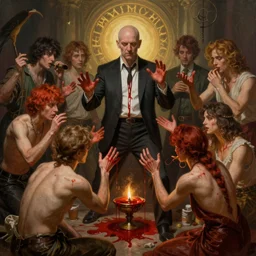 realistic matte painting wan bald british man surrounded by tweakers addicts groupies performing ritual blood magick greg rutkowski artstation hdr vivid color ( ( ( ( ( alphonse mucha ) ) ) ) )