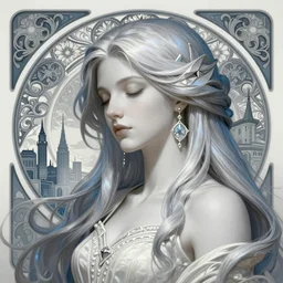 aristocrat, white grey blue color palette, eyes closed, cityscape, female, d & d, fantasy, intricate, elegant, highly detailed, long silver hair, digital painting, artstation, octane render, concept art, matte, sharp focus, illustration, hearthstone, art by artgerm, alphonse mucha johannes voss