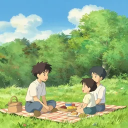 Anime of an happy family with two boys of 10 years old and 5 years old, in Vincennes parc having a pic nic, beautiful weather, peaceful cloud, by Makoto Shinkai and James Gilleard