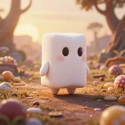 A Marshmallow Golem wandering a candy landscape, mystical, mysterious, magical, Octane Render, Raytracing, 135mm camera lens, golden hour