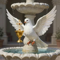 a white dove holding a catholic host in a golden cup water fountain. intricate, elegant, highly detailed, digital painting, artstation, concept art, sharp focus, illustration, by justin gerard and artgerm, 8 k