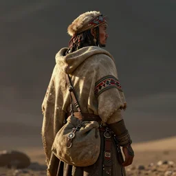 an intricate portrait of a nomad with a cape and bag, back - view, fuzichoco color palette, global illumination, digital art, style by ivan talavera and artgerm and wlop, hyper realistic, photorealistic, octane render, trending on artstation, cgsociety, cinematic light