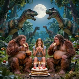 photo, three hairy fat neanderthal people, emma!! watson!!, eating outside, surrounded by dinosaurs!, gigantic forest trees, sitting on rocks, bright moon, birthday cake on the ground, front view, high detailed, 4 k