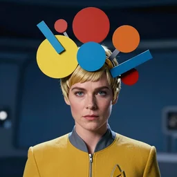 guinan from star trek wearing random colored circles and shapes and angles on her head on the starship enterprise