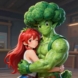 A hyper real comic book style portait painting of a friendly broccoli man hugging a strawberry woman, unreal 5, hyperrealistic, octane render, cosplay, RPG portrait, dynamic lighting