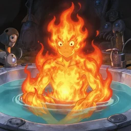 hyperrealist, graphic novel illustration of a creature made of fire sitting in a hot tub, pulp 7 0's sci - fi vibes, 9 0's hannah barbara fantasy animation, cinematic, movie still, studio ghibli masterpiece