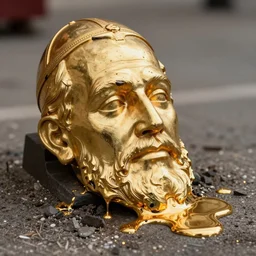 jan paweł the second, face, golden statue starting to melt, drips of molten metal ground angle, uhd 8 k, sharp focus