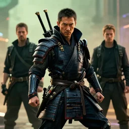 movie still frame, ken watanabe as cyberpunk samurai, epic pose, badass, weapons strapped on the back, beautiful composition, 8 k, cgi, by ridley scott, zack snyder and michael bay
