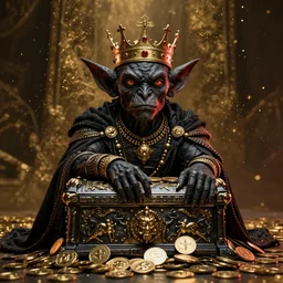 the goblin treasure emperor by Peter mohrbacker, hyper realistic, octane render, Gold stardust in atmosphere, Black and gold coins, realistic crown, high quality printing, fine art with subtle redshift rendering