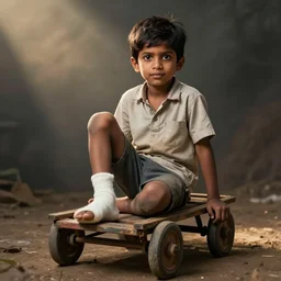 An indian boy with his leg broken on a little cart thingy