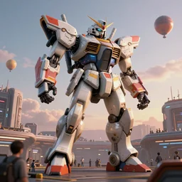 a beautiful hyperrealistic ultradetailed 3 d render of a gigantic mecha guarding a sci - fi spaceport, by barry windsor - smith : 3, mech, unreal engine, octane render, gigantic, unreal engine, octane render, 3 d, brilliantly coloured, intricate, ultra wide angle, trending on artstation, dusk, volumetric lighting, hdr, polished, micro details, ray tracing, 8 k : 2, people, sphere, balloon, blurry, blur, depth of field, dof, bokeh, obscured, macro : - 1