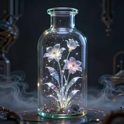 there are immortal flowers in the glass bottle, sparkling, unreal engine, global illumination, smoke, detailed and intricate environment, mysterious, in the style of aetherpunk