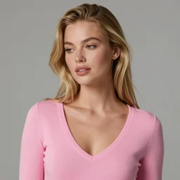 olive skinned blonde female model in her twenties, wearing a low cut pink sweater, looking content, focused on her neck, photo realistic, extreme detail skin, natural beauty, no filter, slr, golden hour, 4 k, high definition, selfie