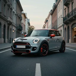 mini cooper gts with rocket bunny kit in the middle of a road on europe city, cinematic color grading, unreal 5, hyperrealistic, realistic, hasselblad photo, dynamic lighting, highly detailed, cinematic landscape, studio landscape, studio lighting, modern car design