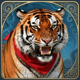 close up portrait of anthropomorphized tiger, growling, strong and ferocious, red tattered bandana by artgerm, cushart krenz, greg rutkowski, mucha. art nouveau. gloomhaven, swirly liquid ripples, blue tones, vibrant colors, sharp edges. ultra clear detailed. 8 k. elegant, intricate, octane render