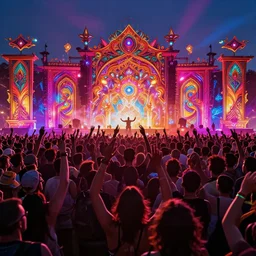 a huge crowd partying with their hands up at a festival, silhouette, digital art, vivid colors, trending on artstation, 4k, unreal engine, intricate, ornate