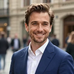 face portrait, a man in blue suits on the street, smile