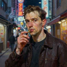realistic close portrait painting of man smoking in a neon light tokyo alley at night in the style of soviet realism