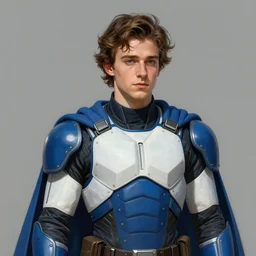 portrait of a man by greg rutkowski, he looks like ansel elgort, he is wearing a blue and white kevlar gear with a cape, highly detailed portrait, digital painting, artstation, concept art, smooth, sharp foccus ilustration, artstation hq