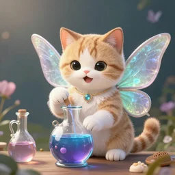 a happy cute cat-fairy brewing a magic potion, extreme detail, photorealistic