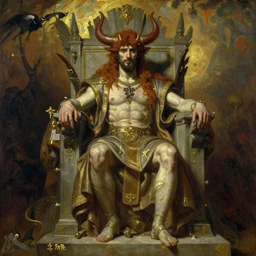 greg davis sits on his throne as ruler of hell, oil on canvas, by alphonse mucha, gustave dore, zdzislaw beksinski