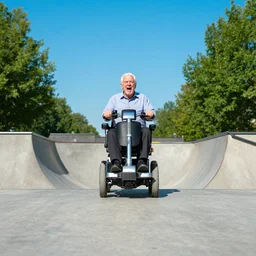 an elderly man riding a mobility scooter on a skate ramp, screaming, bold natural colors, national geographic photography, masterpiece, 8 k, raw, unedited, symmetrical balance