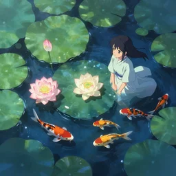 Digital painting of koi pond, lotus flowers, dark blue water, green lily pads, goldfish, a fantasy digital painting by makoto shinkai and Alena Aenami, trending on artstation,