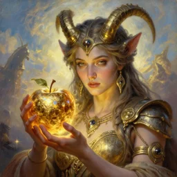 trojan horse! battlefield, closeup portrait of eris discordia, holding an glowing reflective gold!!! metal apple, goddess of chaos, fantasy character portrait, ultra realistic, wide angle, intricate details, artifacts, luminous skies, michael cheval, peter mohrbacher, boris vallejo, jessica rossier, oil painting, highly detailed, cinematic lighting, unreal