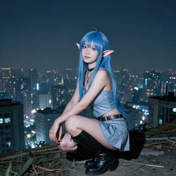 stunning, breathtaking, awe-inspiring award-winning photo of an attractive young asian elf woman with pointy ears and blue hair, wearing a miniskirt and knee-high boots, crouching in an endlessly sprawling hazy abandoned city at night, 8K
