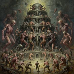 oil paint of 1 1 flayed gods in tiers, colossal medical gangrene machines in tiers, dethroning melee, battle pit mold, by shigeru komatsuzaki, wayne d barlowe, stefano tamburini, ember light, muted colors, epic, hyper detailed, awe inspiring, award winning horror, narrative lighting, hyper realism, cinematic