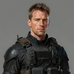 portrait of a man by greg rutkowski, he looks like michael biehn, he is wearing a tactical military superhero gear, highly detailed portrait, digital painting, artstation, concept art, smooth, sharp foccus ilustration, artstation hq