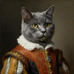 portrait of a grey cat wearing renaissance clothes. art by rubens, oilpainting, sharp focus, very detailed, hyper realistic, rich colors