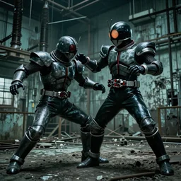 Arthurian Knight Kamen Rider fighting a biomechanical monster in an abandoned electrical plant, action scene, fight scene, rubber undersuit, chainmail, moody colors, dark green color scheme, 4k, glowing eyes in helmet, industrial environment, horror movie cinematography, electrical plant location, hyper realistic