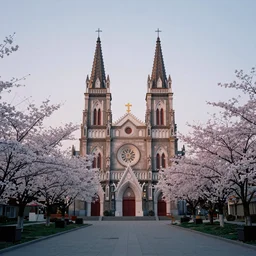 chinese catholic church, dusk, volumetric light, sakura orchard, aestheticism style landscape vista, veduta photo, detailed landscape painting, # film, kodak ektar, concept art, featured on deviantart & flickr, 3 d rendered in enscape, solidworks visualize & blender, 4 k hdr, 8 k resolution,