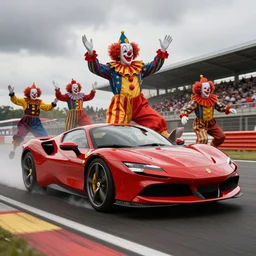 ferrari f 4 0 sports car on a racetrack running over clowns during an overcast day, realistic 4 k octane beautifully detailed render, 4 k post - processing, highly detailed, intricate complexity, epic composition, magical atmosphere, cinematic lighting, masterpiece, ultra hd