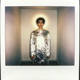 polaroid, standing man wrapped in aluminum foil, illuminated halo, brightly lit hallway