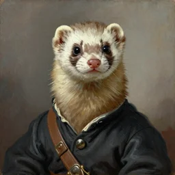 Portrait of a Ferret with brown face markings in a general outfit , painted by Jan Willem Pieneman, Courageous,  Bold, painting