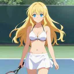 a very beautiful young anime tennis girl, full body, long wavy blond hair, sky blue eyes, full round face, short smile, bikini, miniskirt, front view, medium shot, mid - shot, highly detailed, cinematic wallpaper by stanley artgerm lau