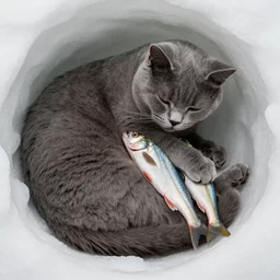 A British blue shorthair cat curled up, asleep, holding a freshly caught fish, in an Igloo