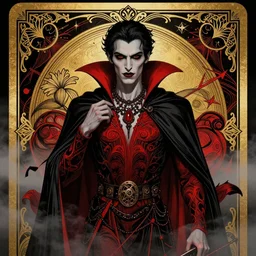 portrait of a majestic beautiful androginous vampire, in style of Midjourney, tarot card, insanely detailed and intricate vibrant crimson and black line work, golden ratio, elegant, gothic fog, ornate, horror, elite, ominous, haunting, matte painting, cinematic, cgsociety, Olivier Ledroit, James jean, Noah Bradley, Darius Zawadzki, vivid and vibrant
