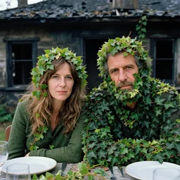 closeup portrait of a couple covered in ivy at a dining table, in a burnt charred house, by Annie Leibovitz and Steve McCurry, natural light, detailed face, CANON Eos C300, ƒ1.8, 35mm, 8K, medium-format print
