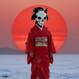 a full body geisha with a cat skull head, wearing a red kimono, standing in the snow with a massive red sun setting on the horizon cinematic octane render 8 k trending on artstation
