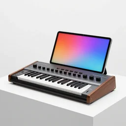 dezeen showroom , minimalissimo, archdaily, , teenage engineering moad, mother of all decks, product design concept,product shot of moog melotron synthesizer with ipads gradient screen designed by bauhaus, jony ives, dieter rams, 8k, highly detailed photo