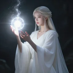 Priestess casting a ball of pure light energy, white robes, young, beautiful, highly detailed, high fantasy, matte painting