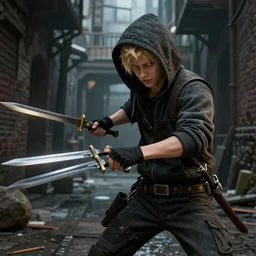 A young blonde boy thief with daggers fighting in an alleyway , octane render, high detail, photorealistic, High details,4k
