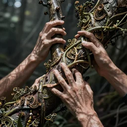 hands grabbing arms with fractal vines, many fingers