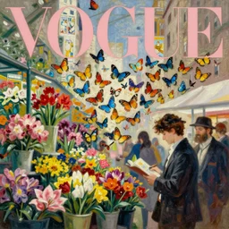 flower market, new york city, swarm of butterflies, vogue magazine, greg rutkowski, anime, john singer sargent, trending on artstation, oil painting, tarot, intricate