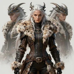 dragon hunter wearing a fur - lined dragonhide jacket!!! beautiful and badass wild white long haired female!! symmetry, character concept art, sharp focus, illustration, art by artgerm! greg rutkowski magali villeneuve wlop! ilya kuvshinov!! sylvain chomet and charlie bowater, octane render, unreal engine 5, highly rendered!!