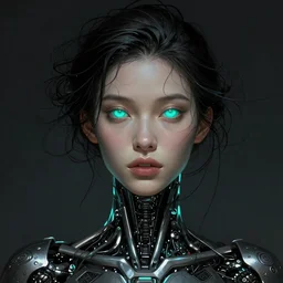 supermodel woman turning into an android portrait, dark surrealism, scifi, intricate, elegant, whisps of stray hair, highly detailed, teal neon glowing eyes, digital painting, artstation, concept art, smooth, sharp focus, illustration, art by artgerm and moebius and alphonse mucha